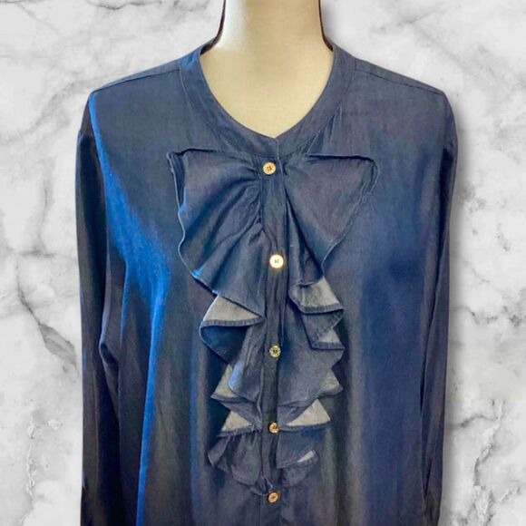 C. Wonder Blue Denim Chambray Ruffled Front Button Shirt Tunic 22W - Picture 5 of 10